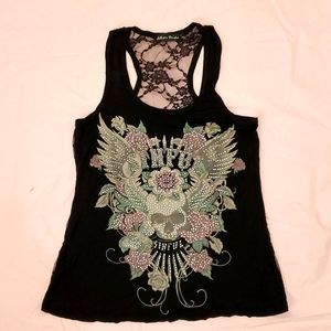 Black Tank Top Gemstones and Lace Back